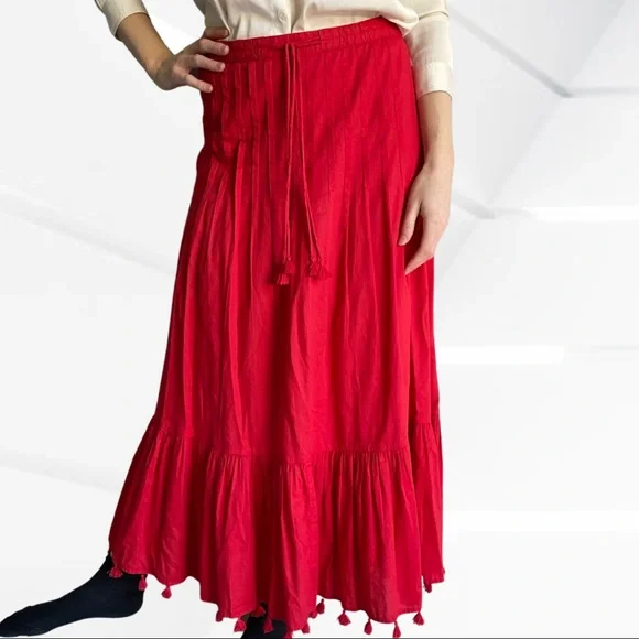 COUNTRY ROAD cotton maxi skirt tassels red, size 8 (fits 8 and 10) like new - Picture 3 of 9
